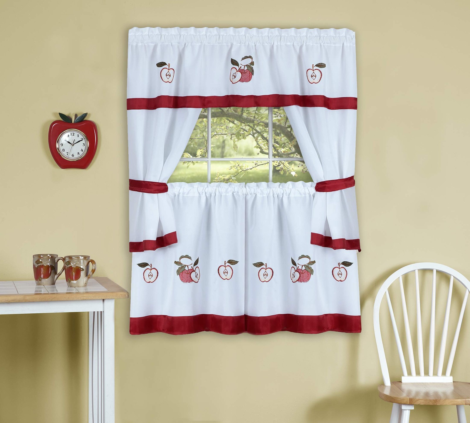 Red Gala Cottage Curtain Set Tier Pair 58×36 Inch Embellished Home Window Drapes