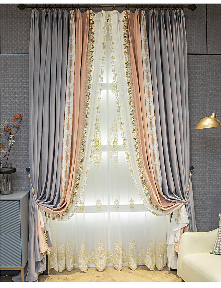 French pink gray patchwork velvet cloth blackout curtain tulle panel drape C1260