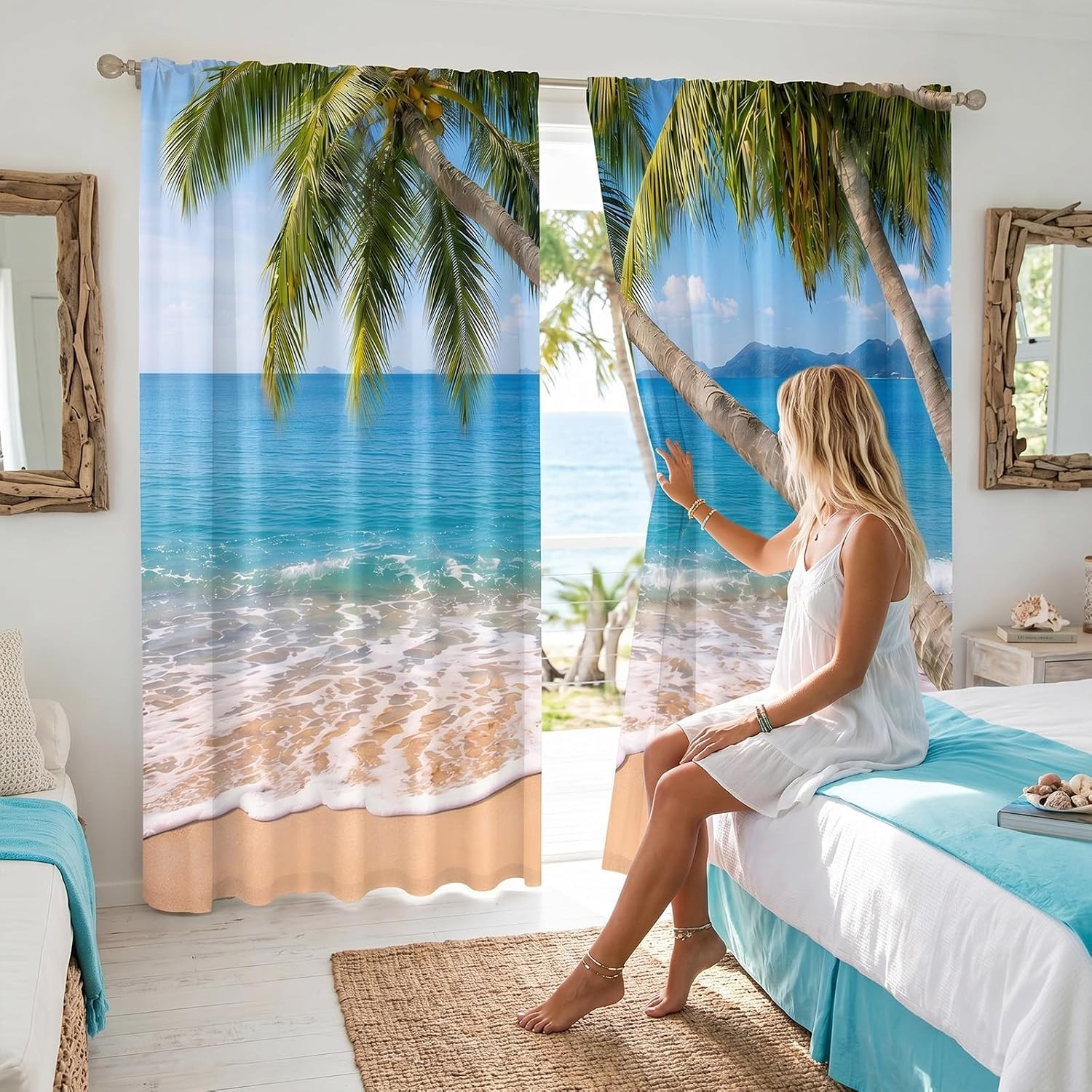 Tropical Beach Palm Tree Window Curtains 2 Panel Set 52 x 84 Inch Polyester