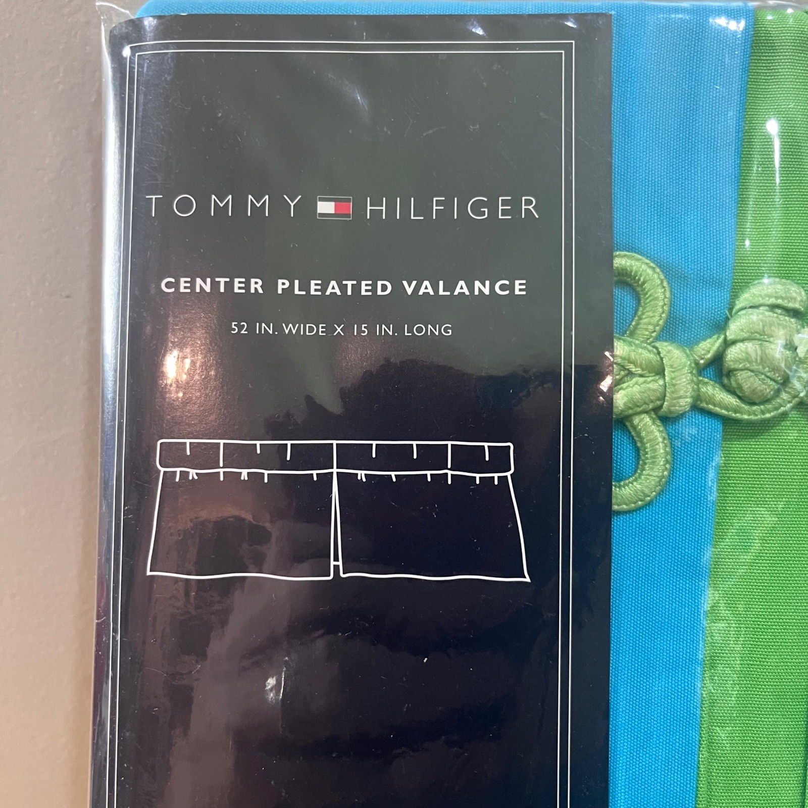 Tommy Hilfiger Vtg Y2K Aqua Blue Lime Green Frog Knot Center Pleated Valance NEW