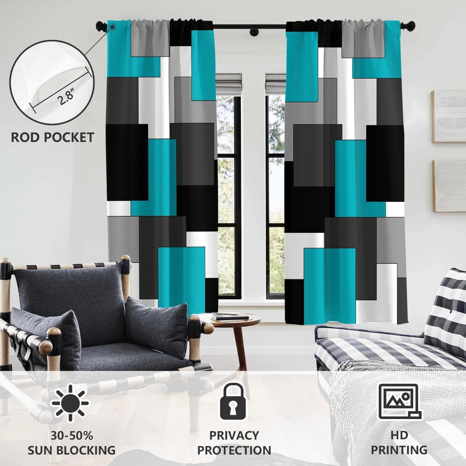 Aatter Teal And Black Window Curtain Turquoise Aqua Grey Gray White Dark