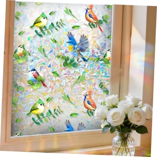 Stained Glass Privacy Window Film 3D Rainbow Bird 17.5″W x 78.7″H Bird Rainbow