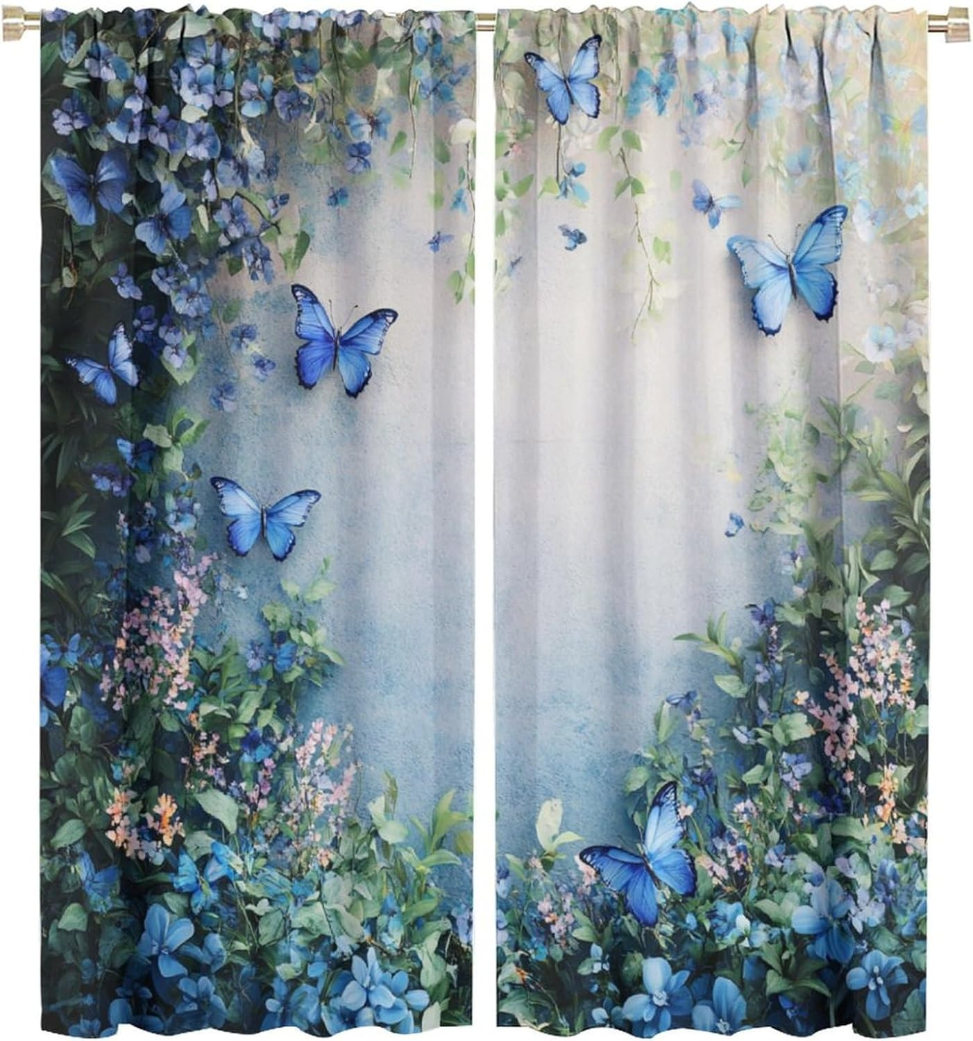 Blue Butterfly Flower Blackout Curtains for Bedroom/Living Room, Beautiful Vine