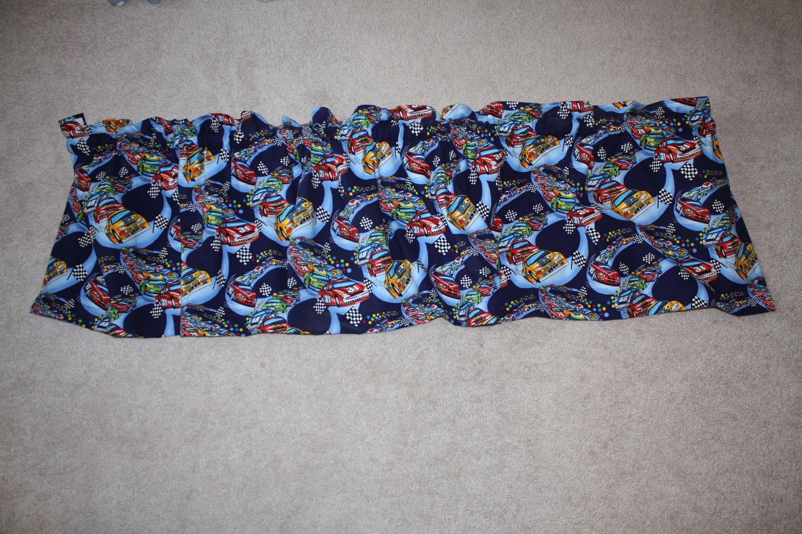 set of 2 Nascar race car handmade window curtain valances 64 1/2 wide by 15 long