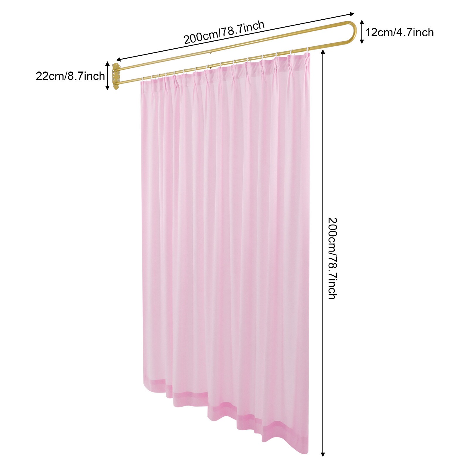Privacy Partition Curtain Metal Support Wall Mounted U-Shape Room Divider 2M