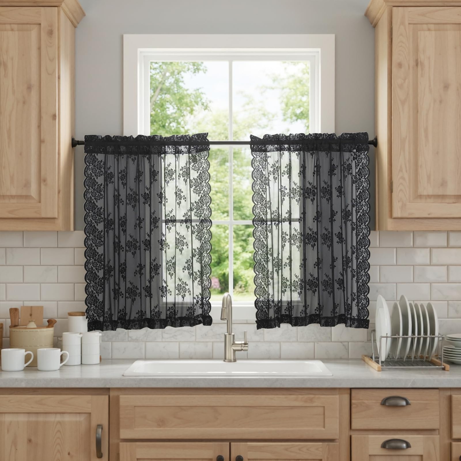 Black Lace Curtains 30 Inch Length 2 Panels Set, Country Rusitc Gothic Floral…