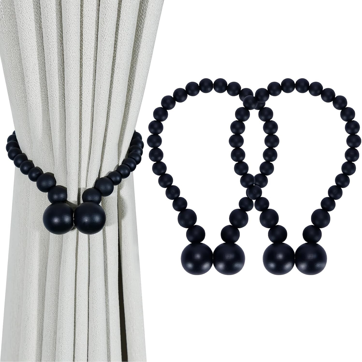 Versatile Magnetic Curtain Holdbacks – Black Wood Bead 2 Pack for Any Room Style