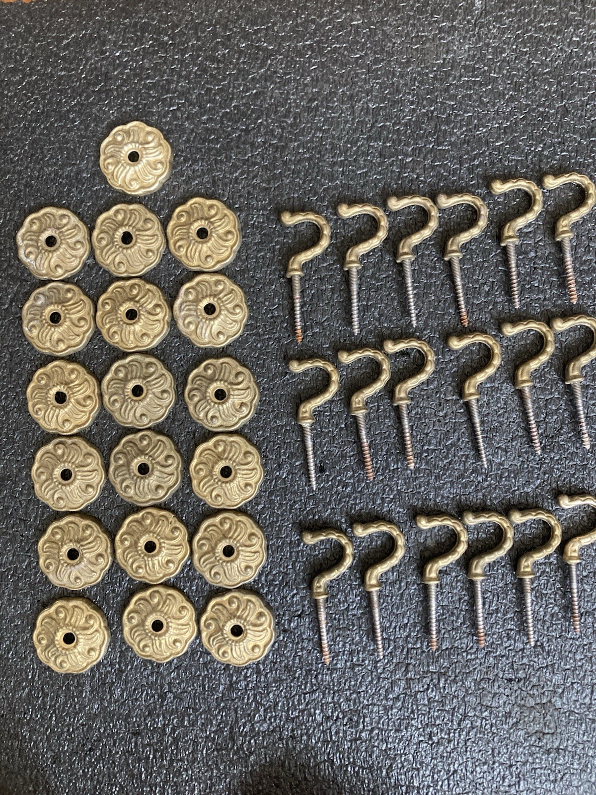 Lot of 19 Vintage Brass Floral Cup Hooks & Rosettes Decorative Hardware Salvage