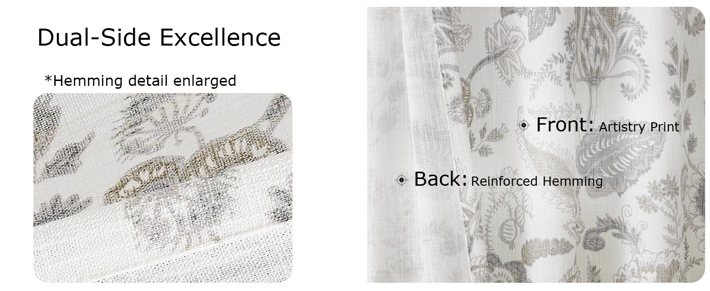 Floral Leaf Print Light Filtering Curtains Grey Linen Botanical Leaf Flower