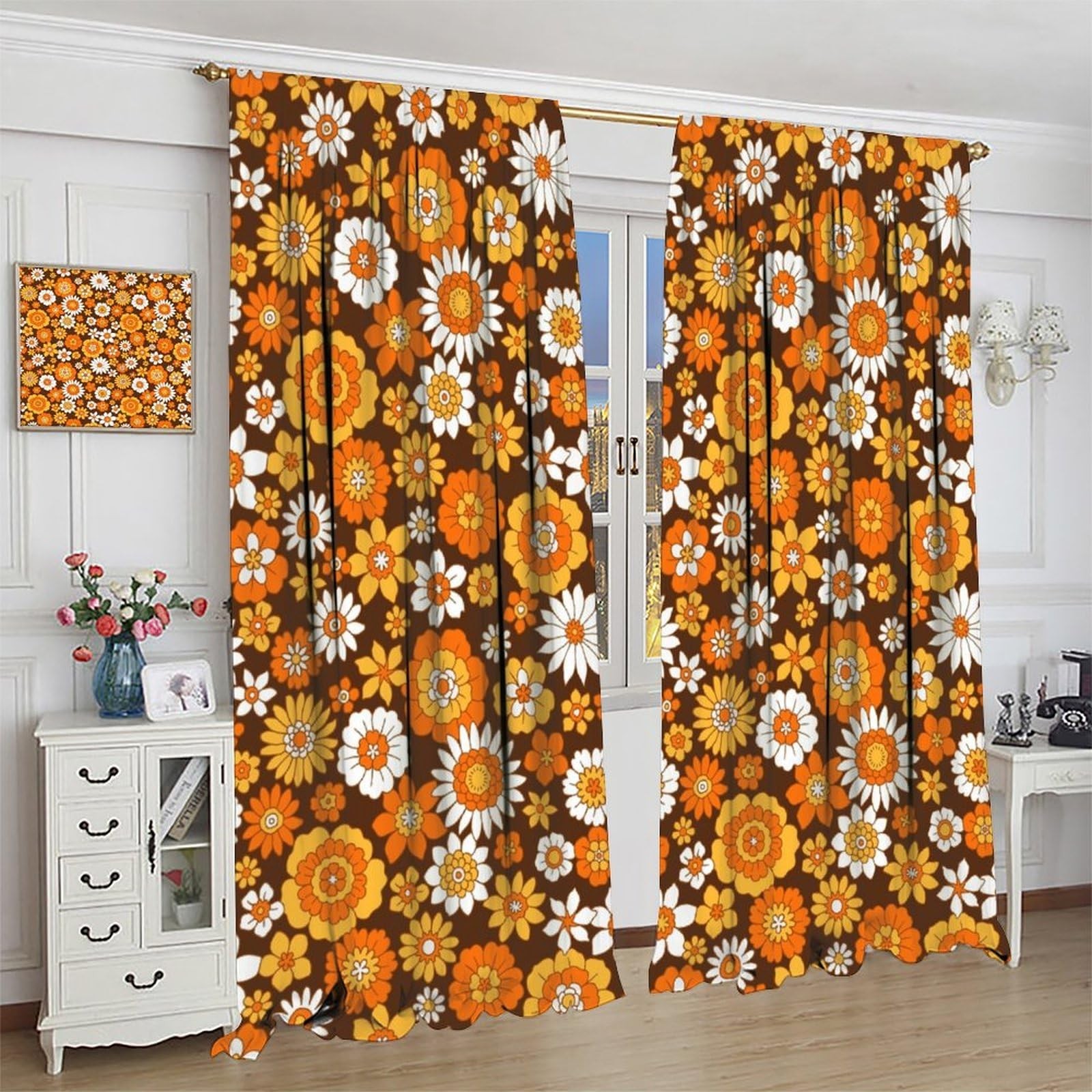 70s Groovy Curtains 1960s Hippie Floral White Orange Boho Modern Art Window D…