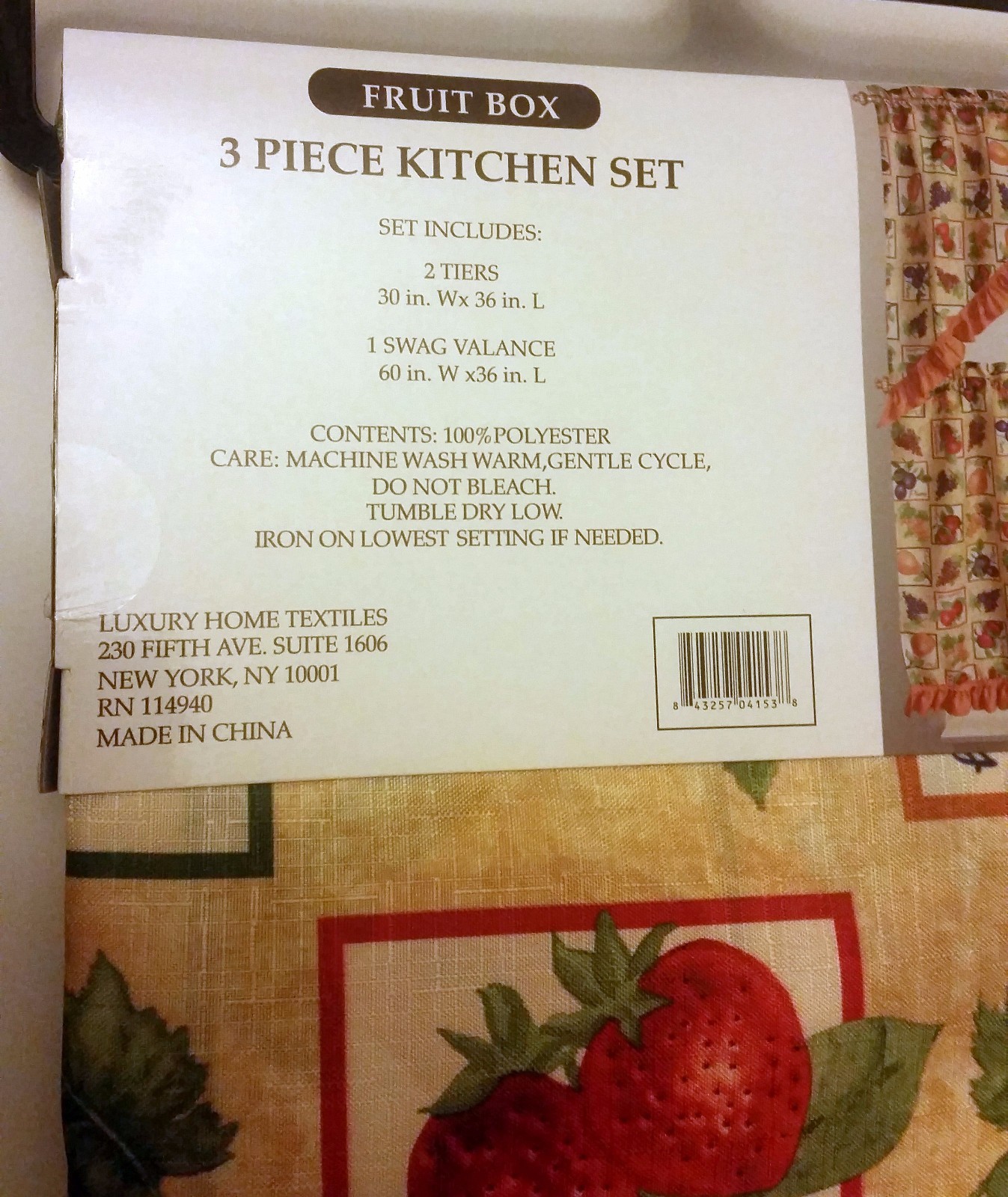 3pc Printed Kitchen Curtains Set:2 Tiers (30″x36″) & Swag (60″x36″)FRUITS BOX,LX