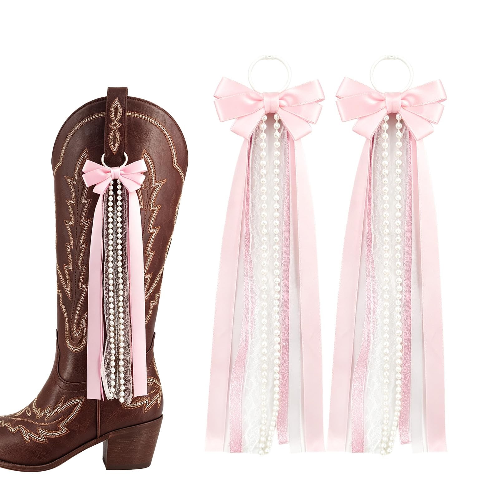 Pink Ribbon Western Boot Bow For Cowboy Boots Lace Bows Wedding Pearl Trim