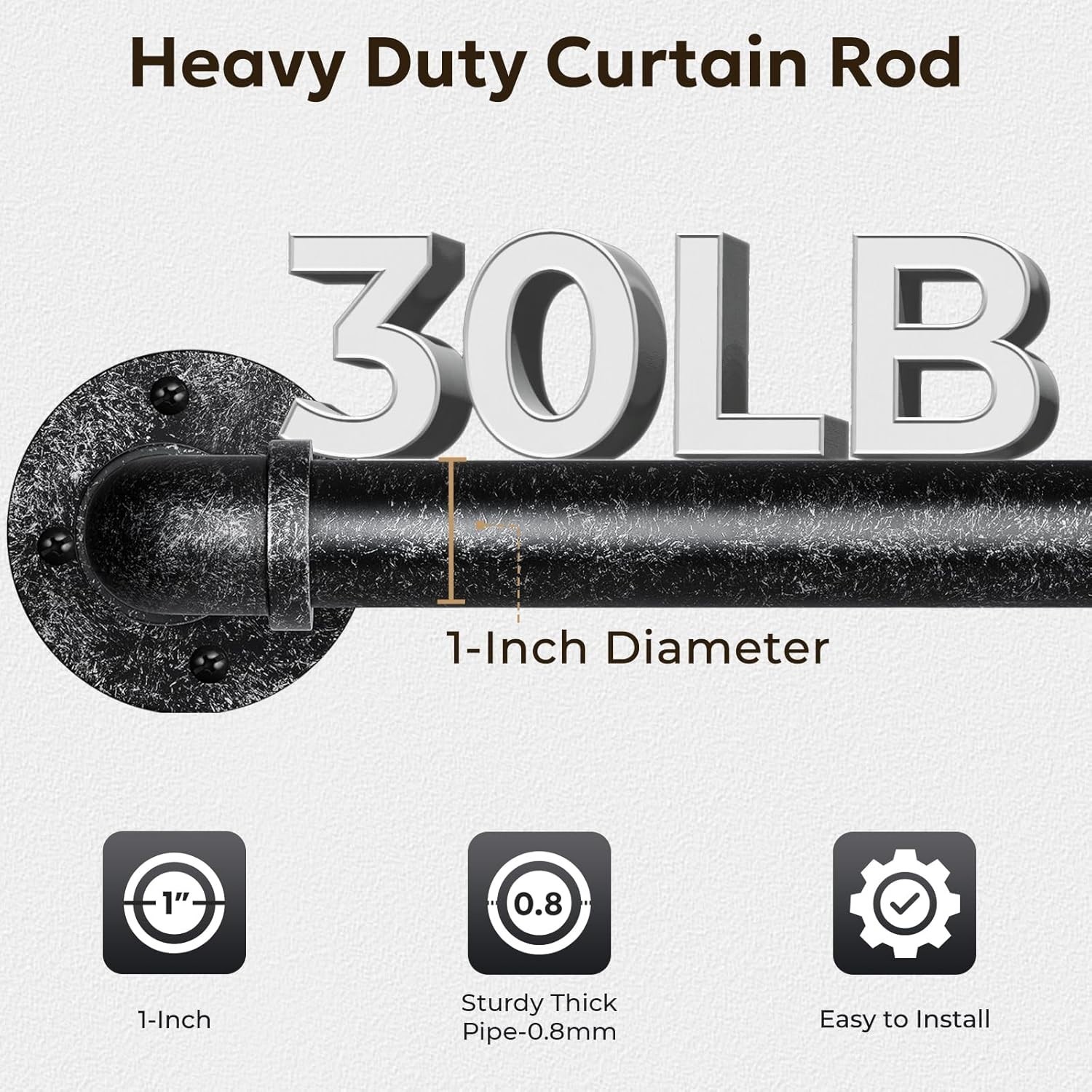 1 Inch Vintage Black Curtain Rod, 66″-120″ Industrial Design