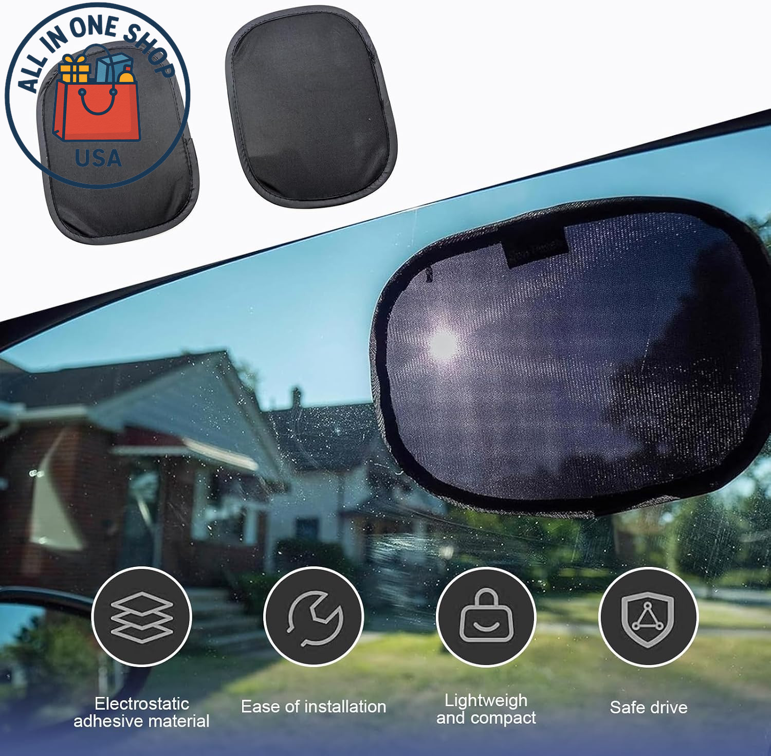 Static Cling Car Window Shades, Universal Sun Glare Protection (Black) 2-Pack