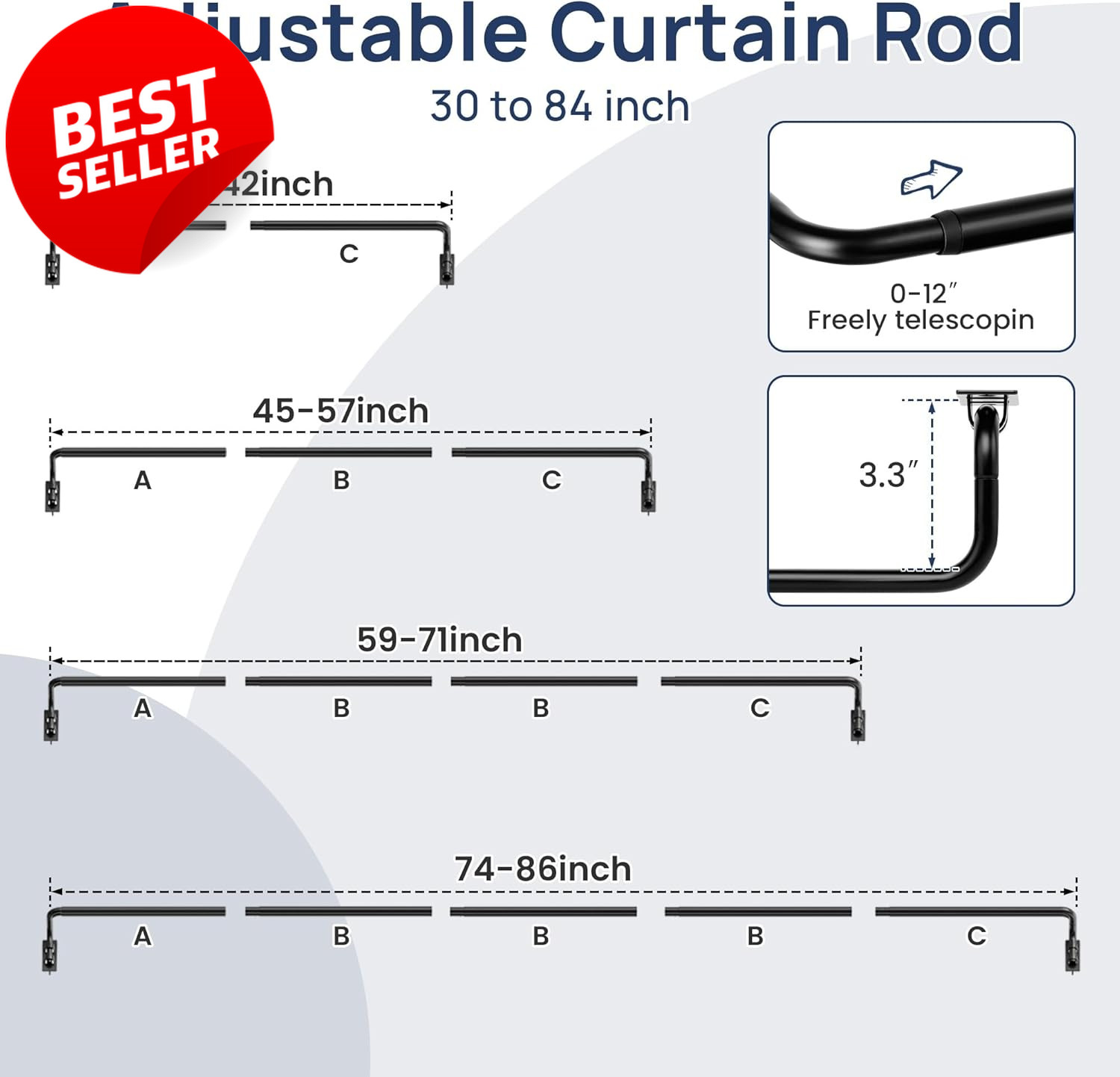 Blackout Curtain Rod Wrap Around 48-84in Adjustable Matte Black 5/8in – US