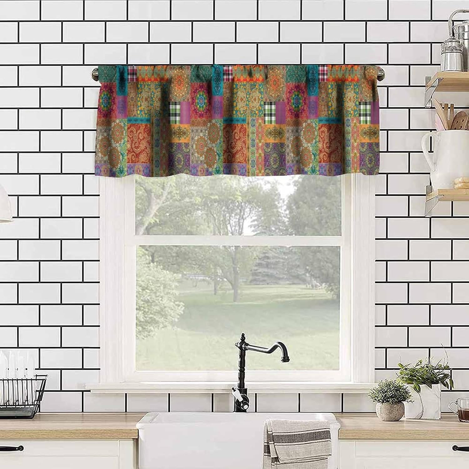 Patchwork Floral Boho Curtains Valance Vintage Style Colorful Patchwork Design P