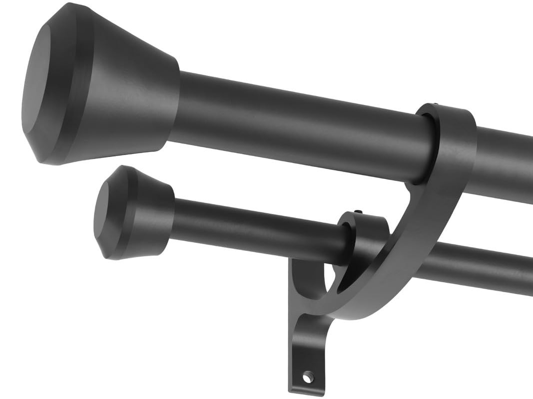 Matte Black Double Curtain Rods, 48 to 84 Inch, Heavy Duty 1-Inch Front and 5