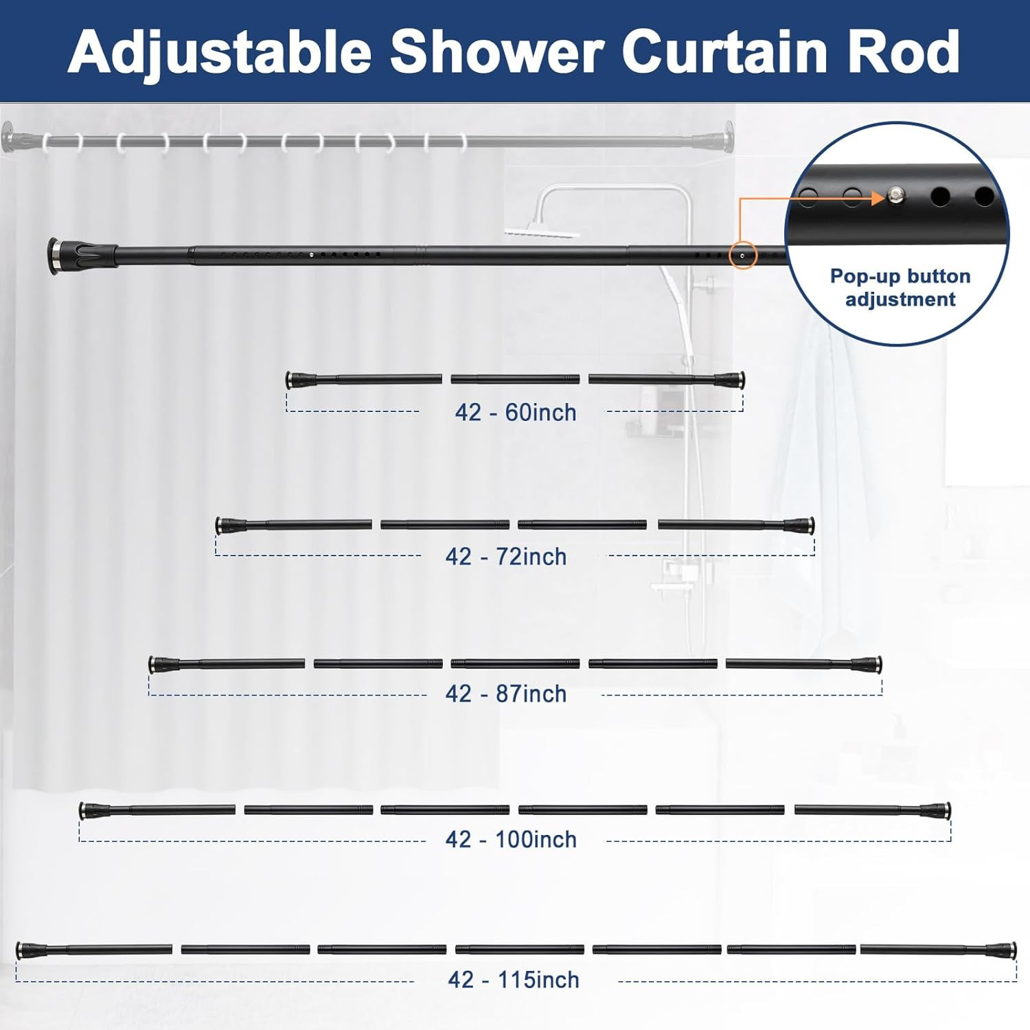 Tension no drill or wall mounted drill shower Curtain closet Rod 60″~115″ Long