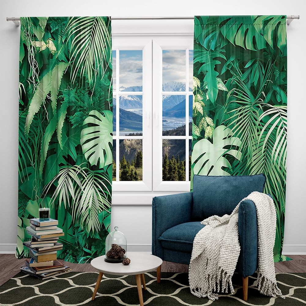 Tropical Palm Leaf Green Summer Window Curtains 82×84 Inches 2-Pack Garden