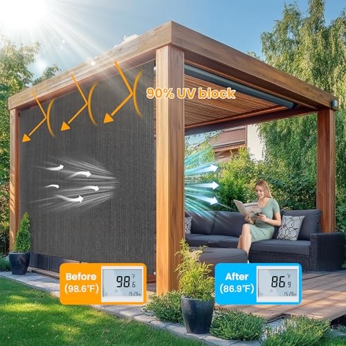 8’W x 6’H Gray Patio Shades Roll up Outdoor Roller Shade Crank 96″W x 72″H Grey