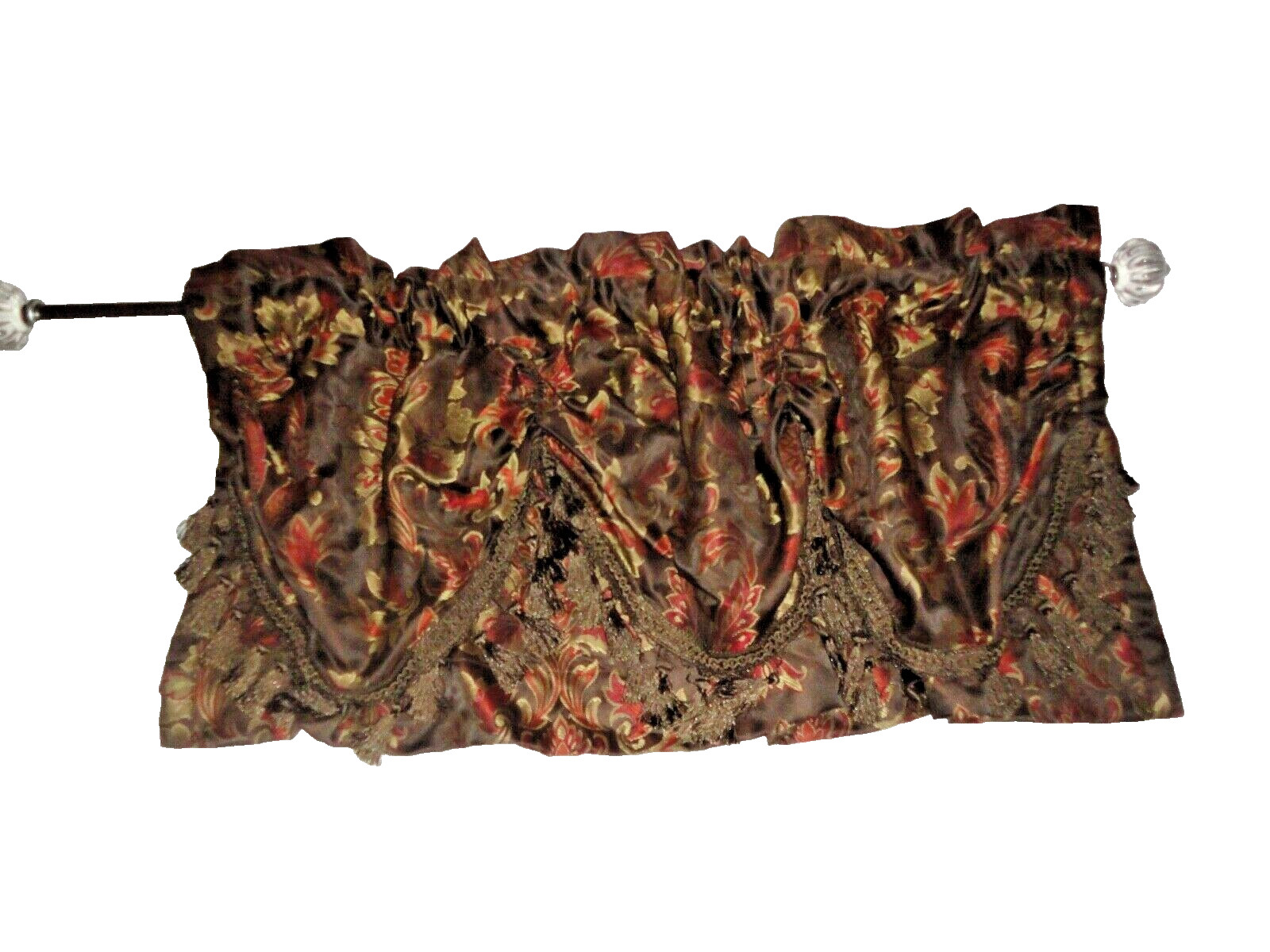 CHRIS MADDEN BROWN & RED GOLD LEAF PRINT (1) TUCK VALANCE 49 X 19 TASSELS