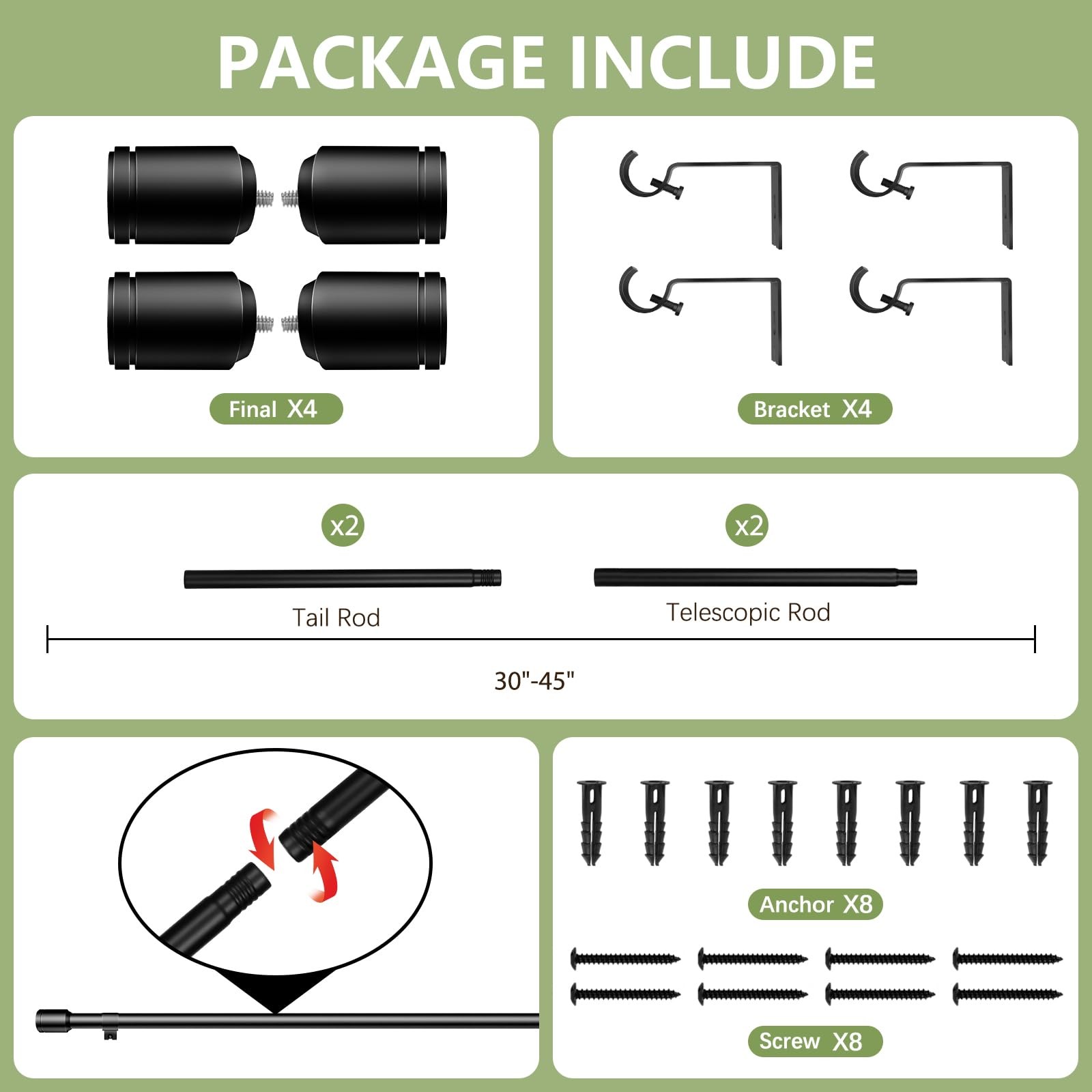 5/8” Diameter Curtain Rods 30-45 Inch, for 30-39 Inch 30-45″/2 Pack, Black