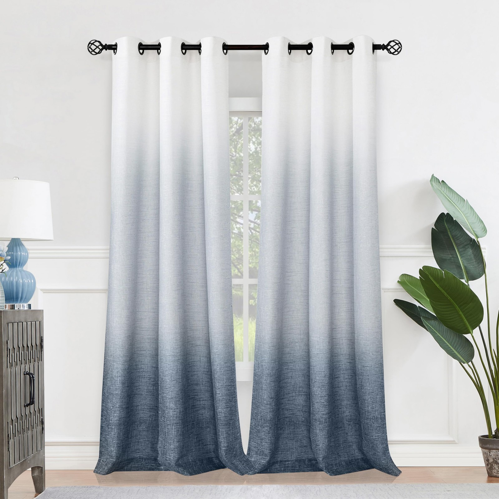 Ombre Window Curtain Panel Linen Gradient Print on Rayon Blend Fabric Drapery…