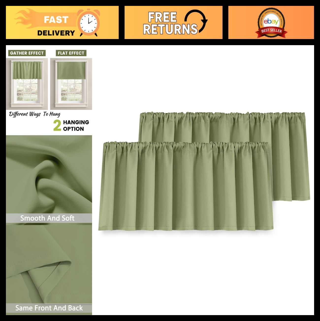 Sage Green Blackout Curtain Valances for Kitchen, Bathroom, Living Room, 52″ W x