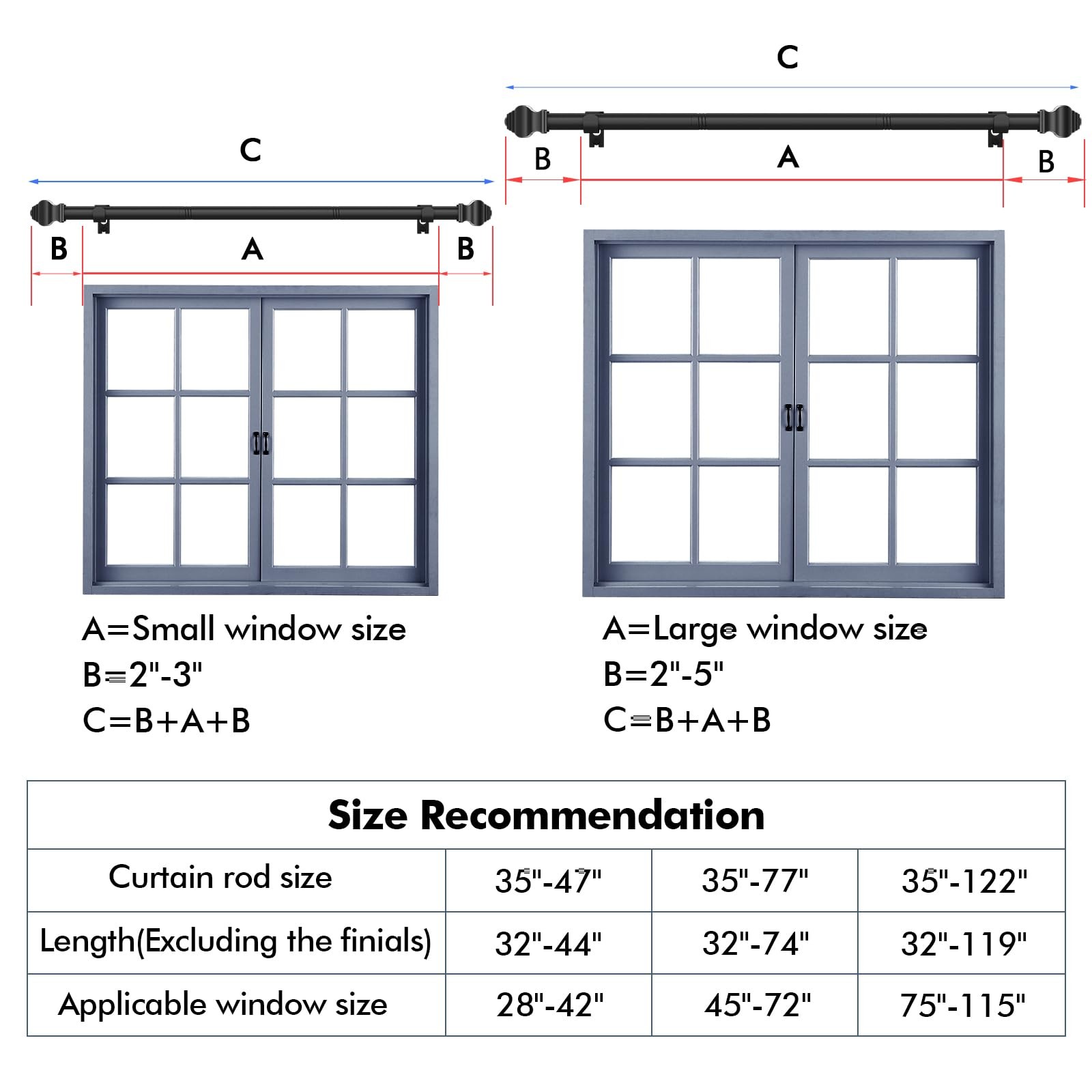 Curtain Rods for Windows 35-47 inch, 5/8 inch Matte Black 36″-47″,