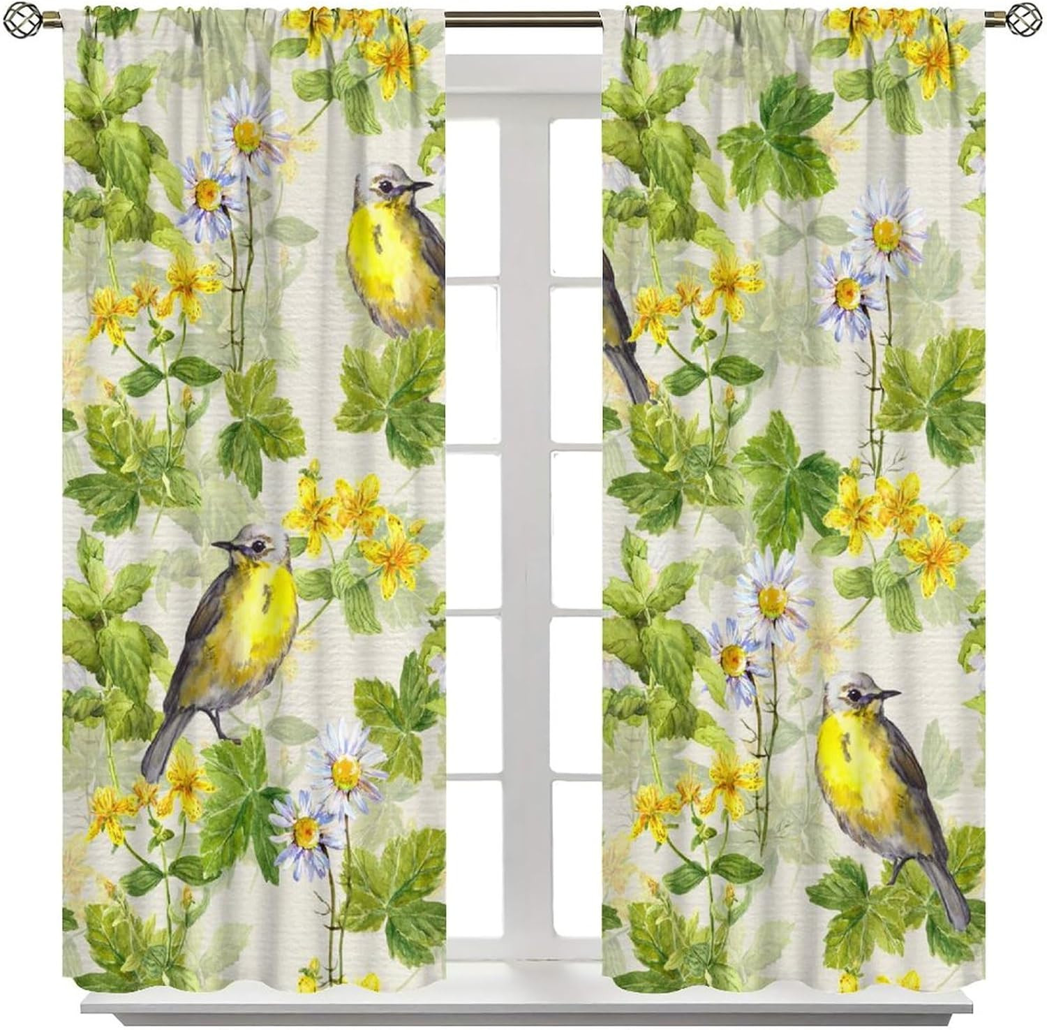 Bohemian Curtains, Vintage Rural Green Yellow Art Watercolor Plants Leaves Flor