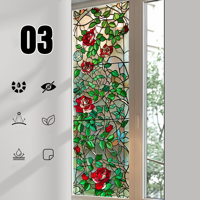 1PC Retro Rose Printed Stained Glass Window Film Self Adhesive Backing Stickers