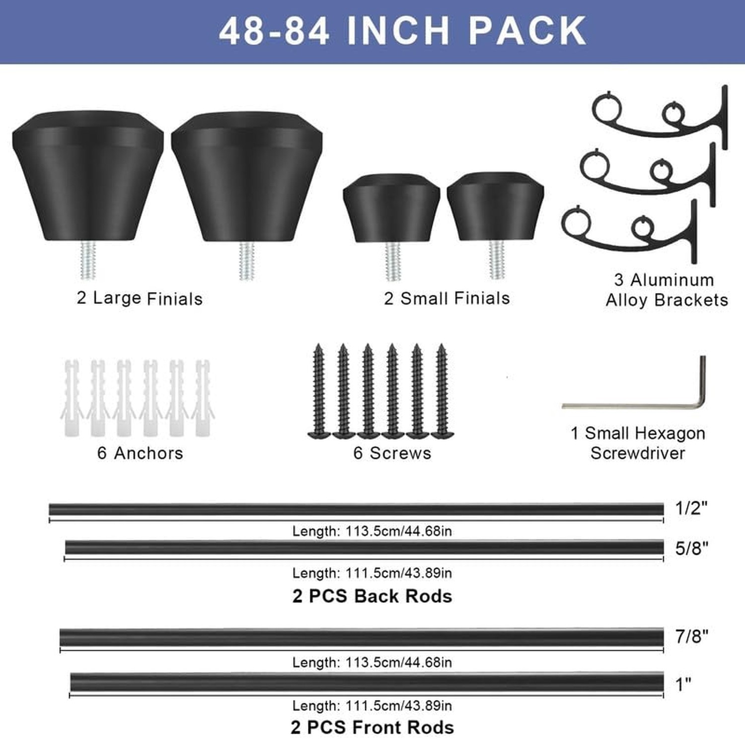 Matte Black Double Curtain Rods, 48 to 84 Inch, Heavy Duty 1-Inch Front and 5…