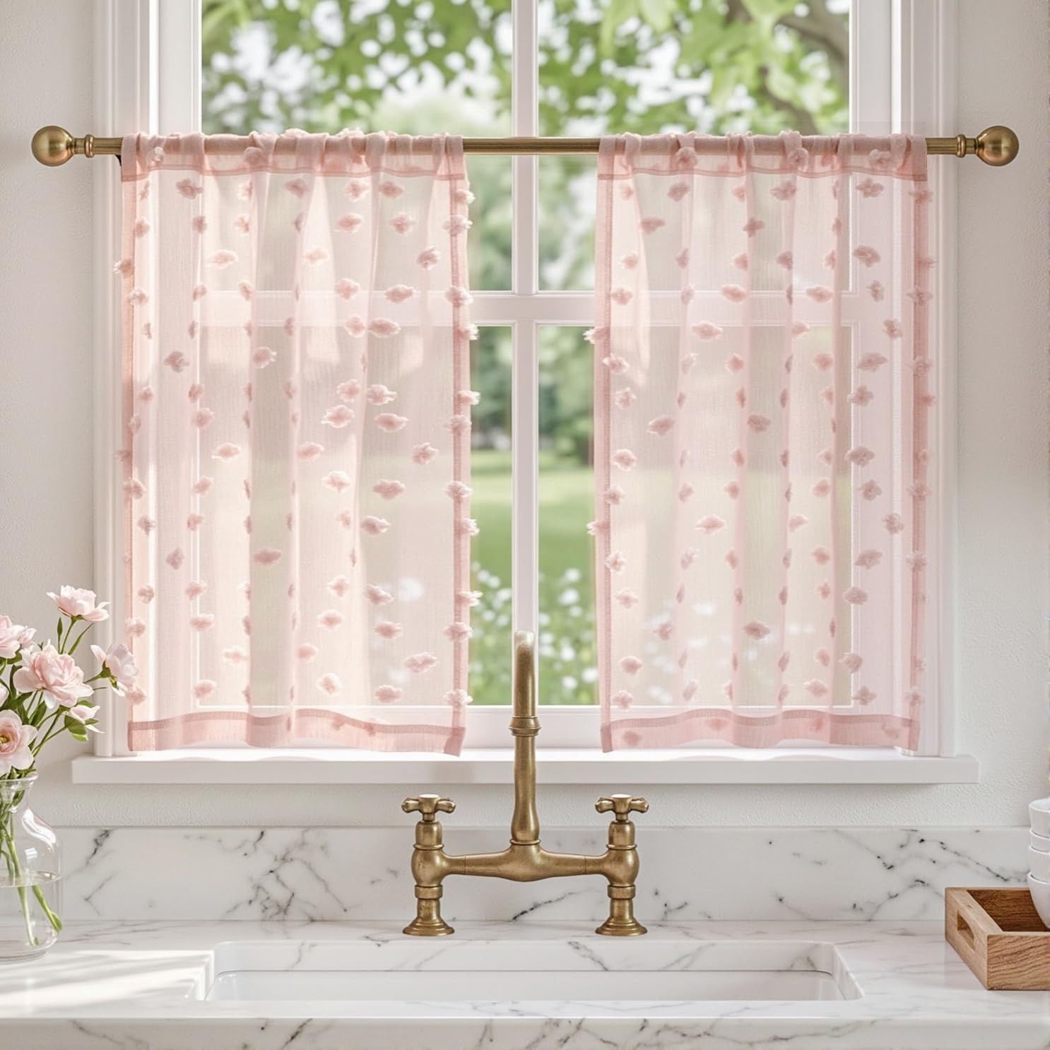Pink Sheer Short Curtains for Kitchen 54 inch Long with Pom Pom Small Windows…