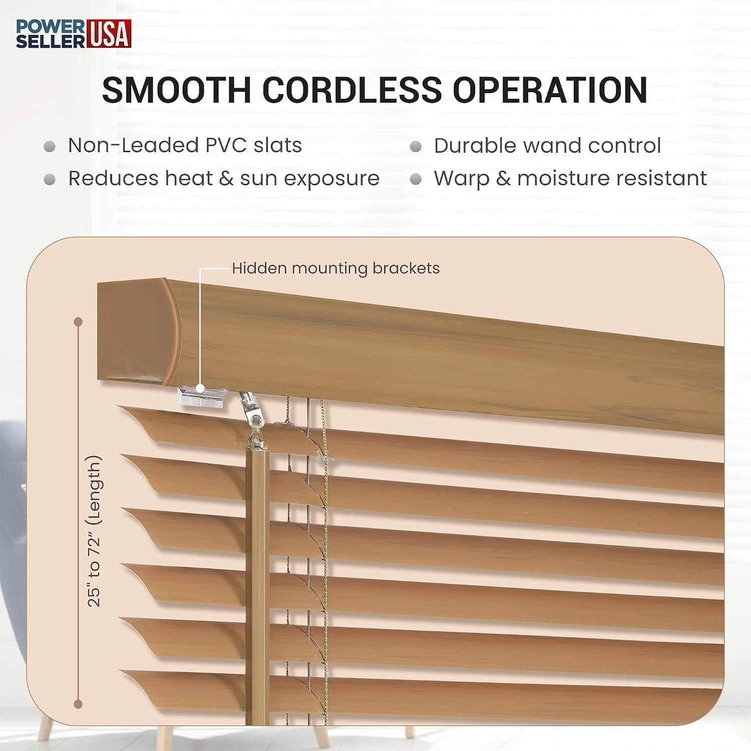 PowerSellerUSA Cordless Vinyl Mini Blinds 34×64 Inch Woodtone