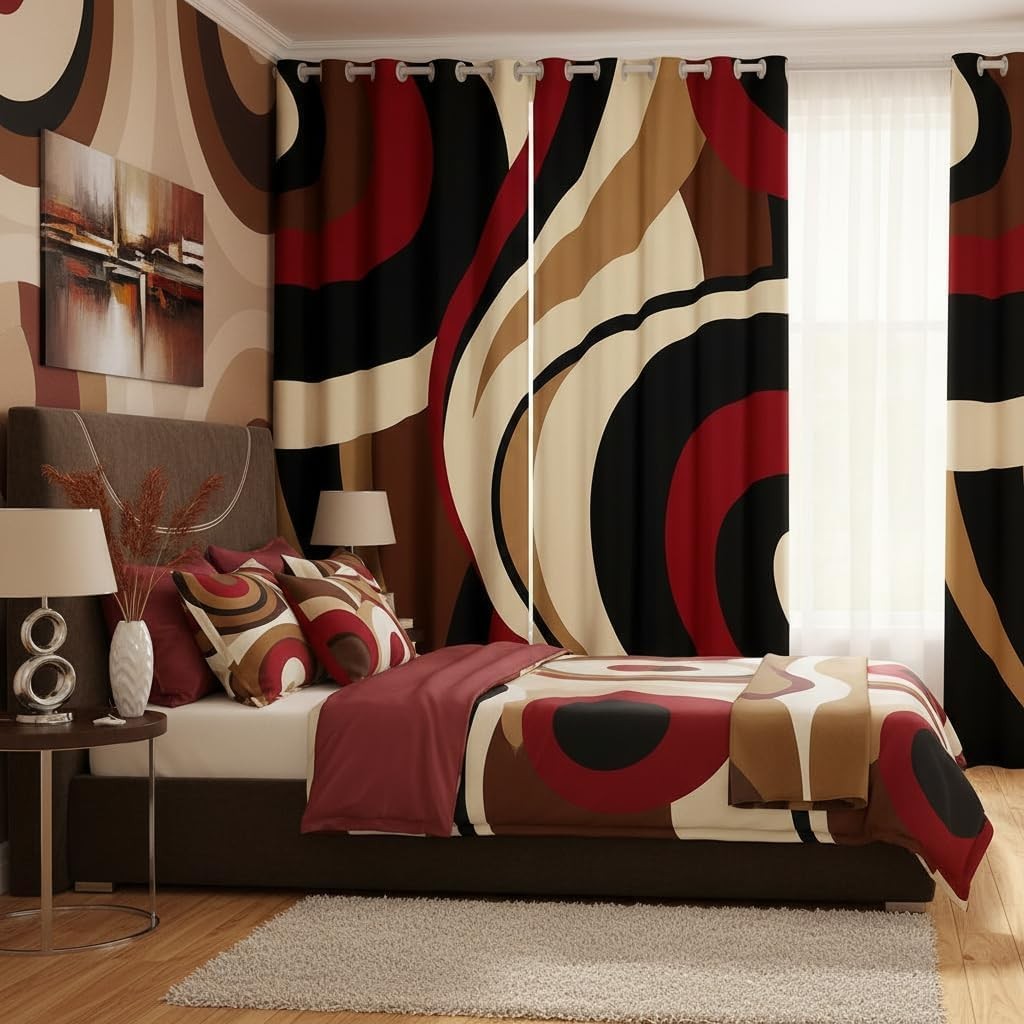 Abstract Curtains,100% Blackout Curtains | Brown Red Black Living Room Curtai…