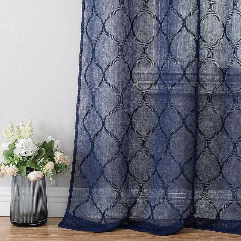 Geometric Sheer Curtains Light Filtering Embroidery Linen Home Decor Panels US