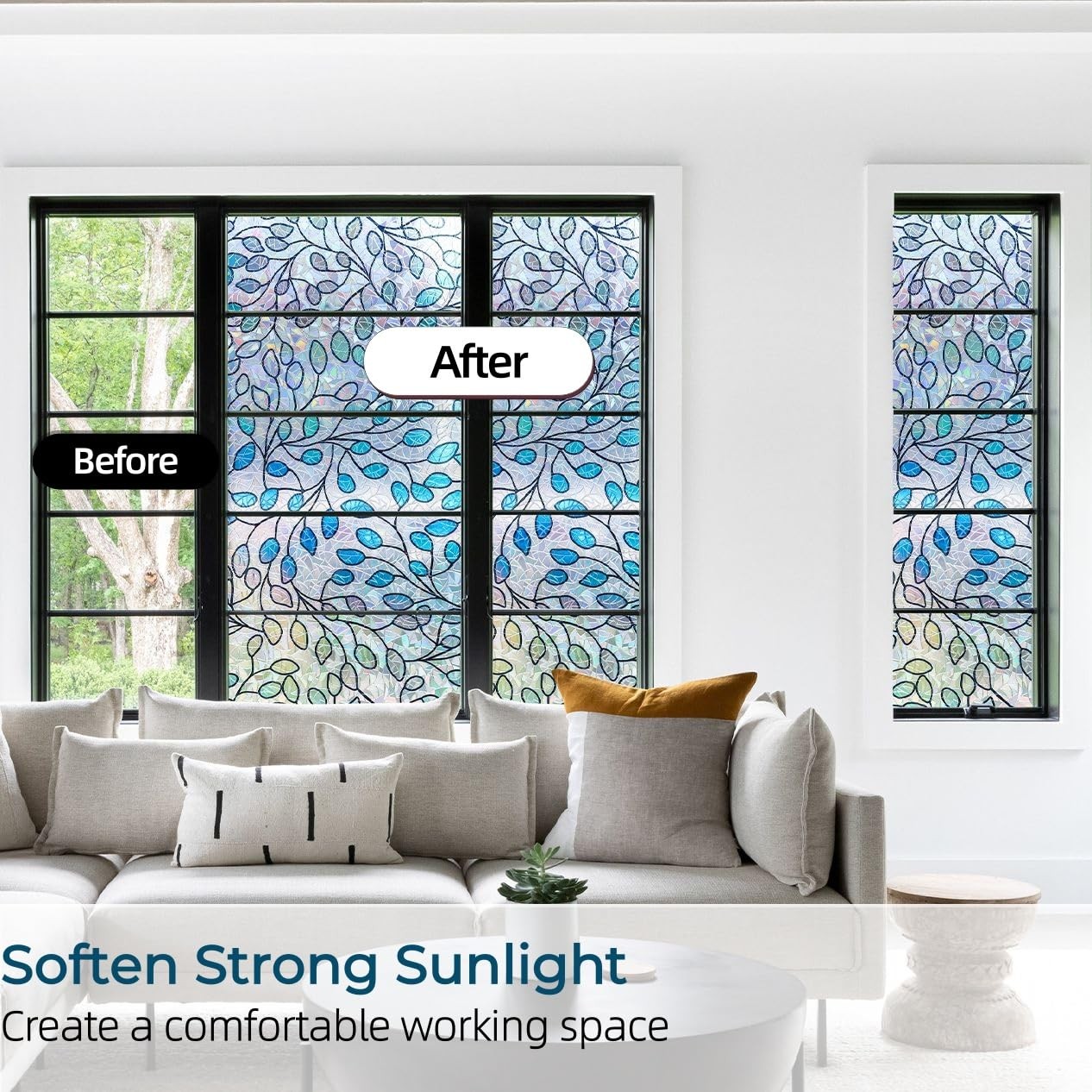 Privacy Window Film with UV Protection & Heat Insulation, Static Cling Sun Bl…