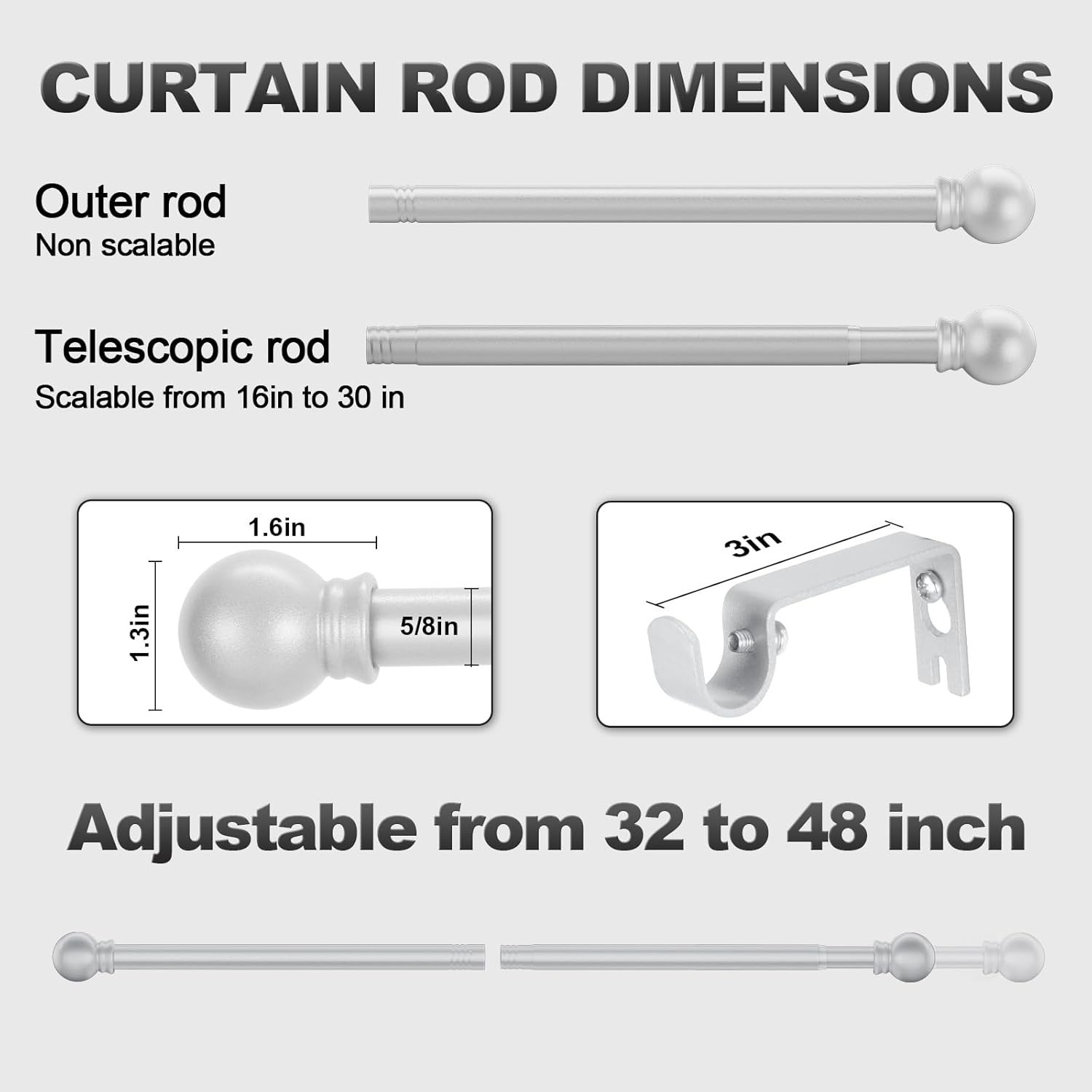 Silver Curtain Rods for Windows with Brackets,5/8 Inch Diameter Small Window …