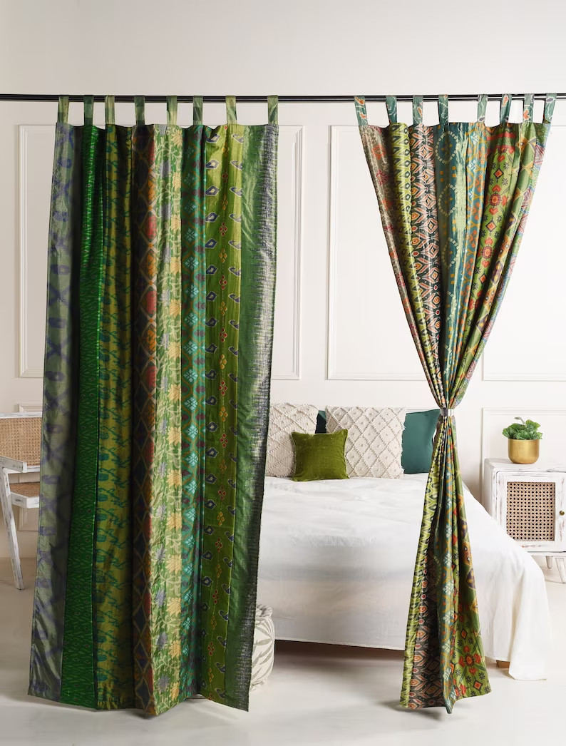2 Pcs Indian Sari Patchwork Curtain Drape Window Decor Green Silk Sari Curtain