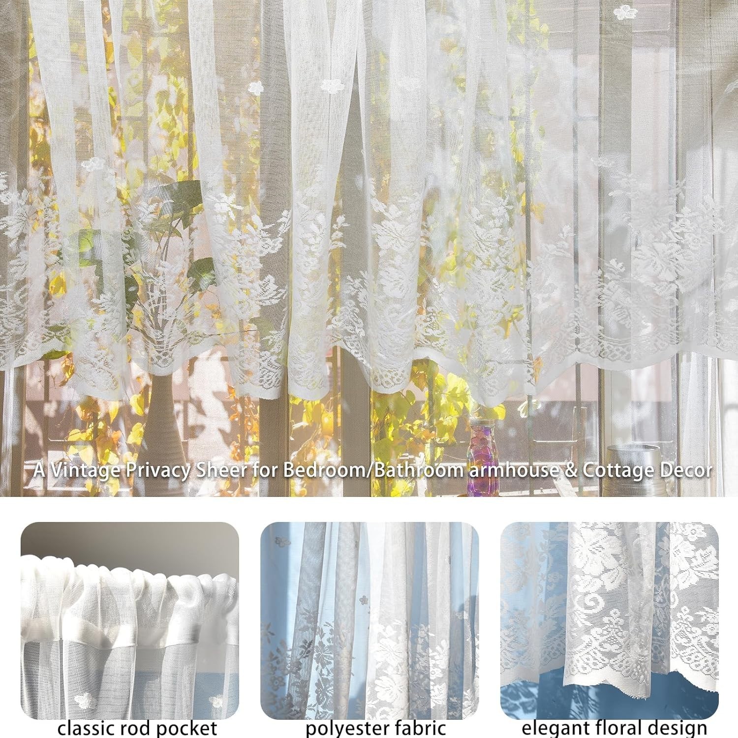 White Lace Window Valance – 59″X23.6″ Floral Semi-Sheer Curtain with Rod Pocket