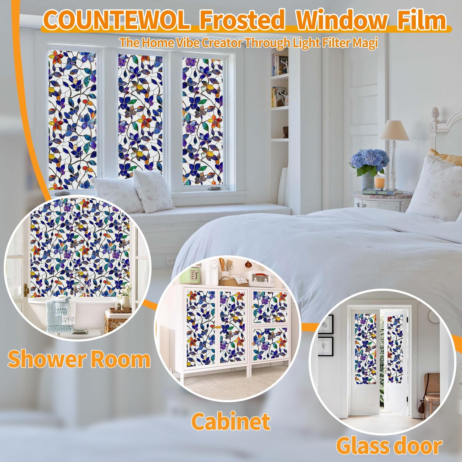 Colored Glass Film Privacy Rainbow Leaf Pattern 17.5 x 78.7 Inch Removable
