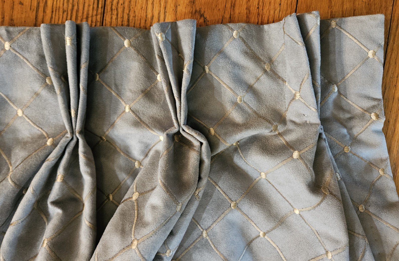 Custom Made Pinch Pleat Blue Embroidered Pattern Lined (2) Curtain Panels 64×93