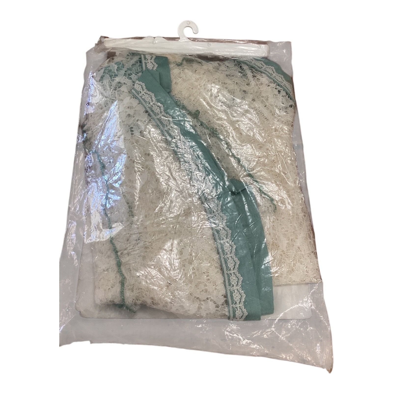Vintage NIP Top Mates 80×30 Double Crescent Swag Curtain Aqua Blue White Lace