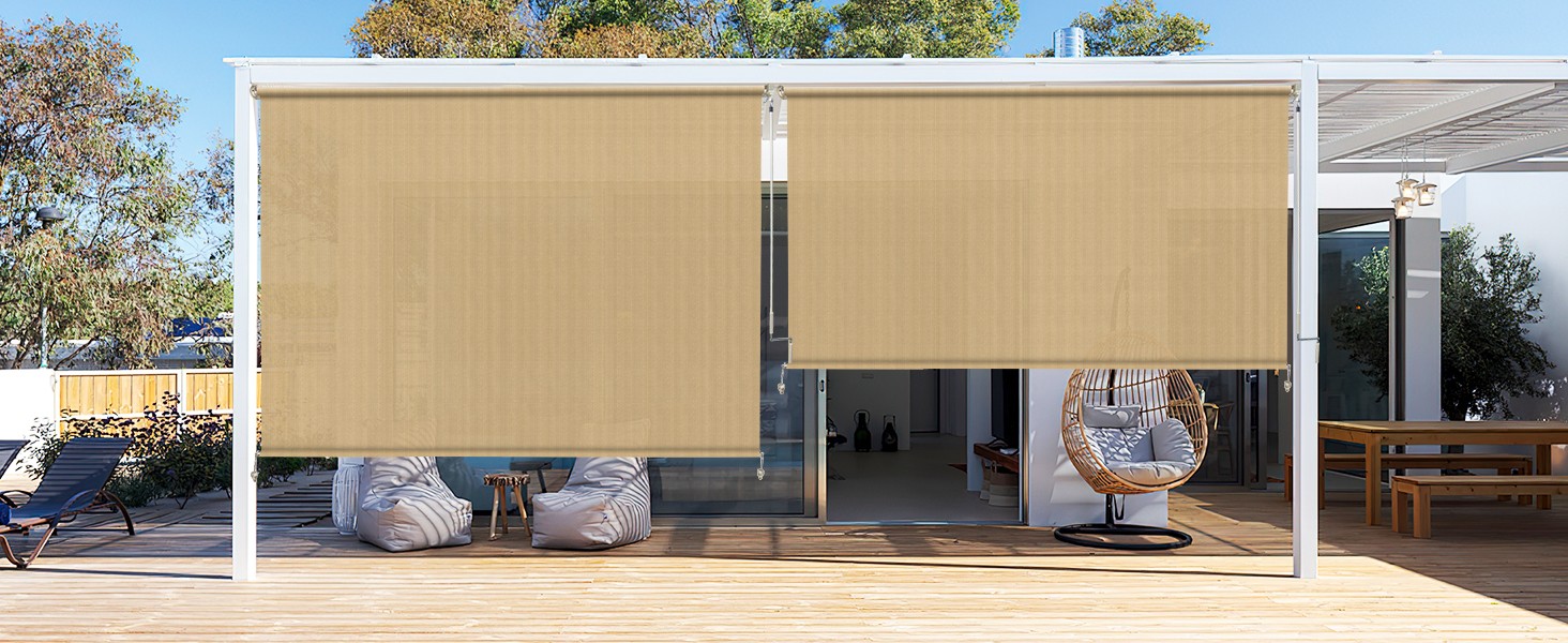 Outdoor Roller Shades with Splicing Design, 10′ W x 8′ H Exterior Cordless Patio