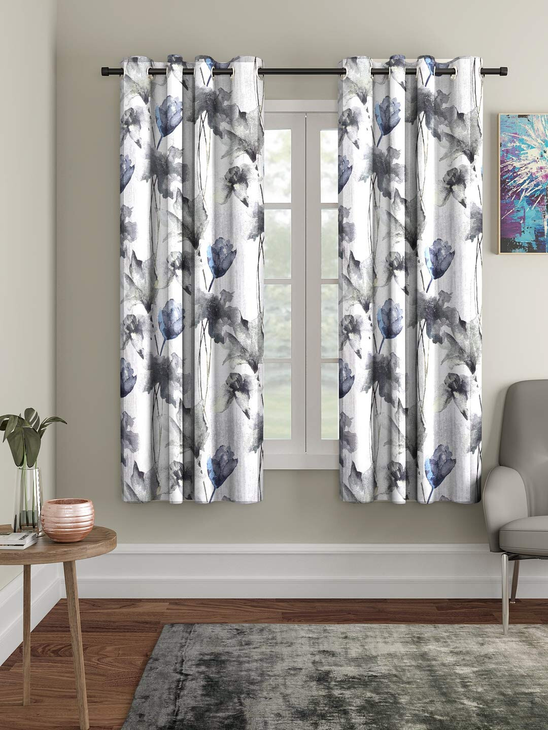Polyester Floral Window Curtain – 5 Feet Grey Pack Of 2 Lined