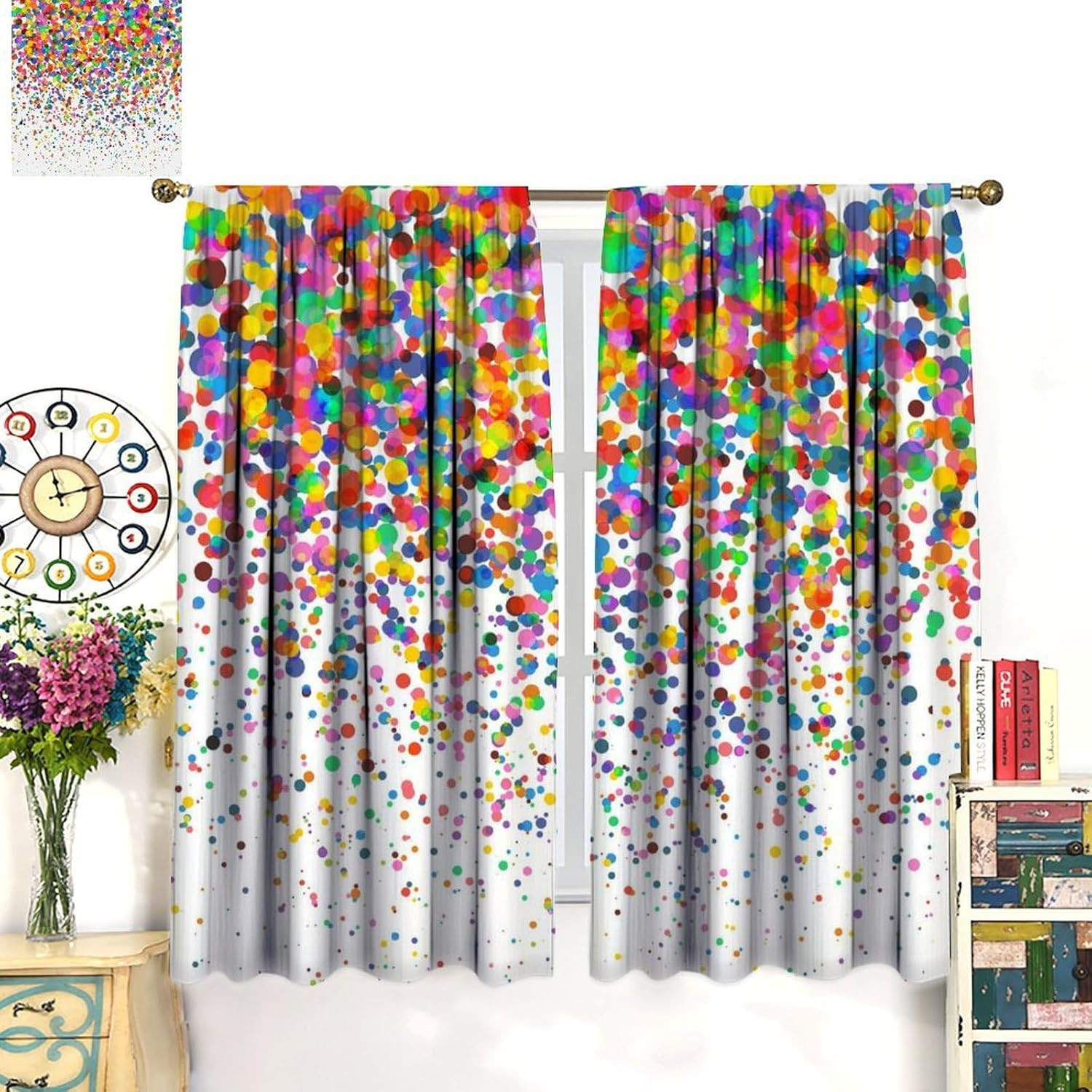 Colorful Polka Dot Curtains, Abstract Geometric Confetti Falling Rainbow Geometr