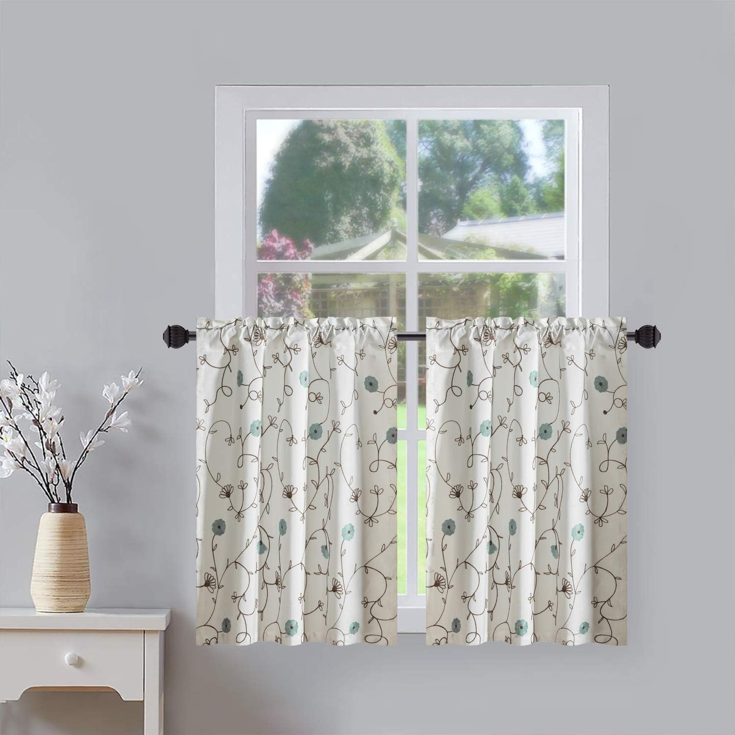 Linen Tier Curtains with Floral Embroidery for Kitchen & Living Room