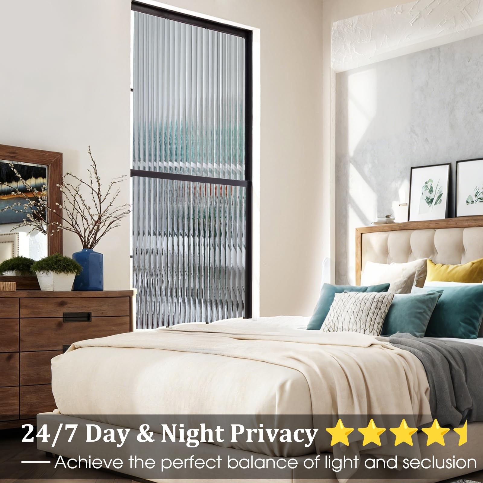 Window Privacy Film Reeded Glass, Frosted 3D Fluted Glass Window Cling, Adhesive