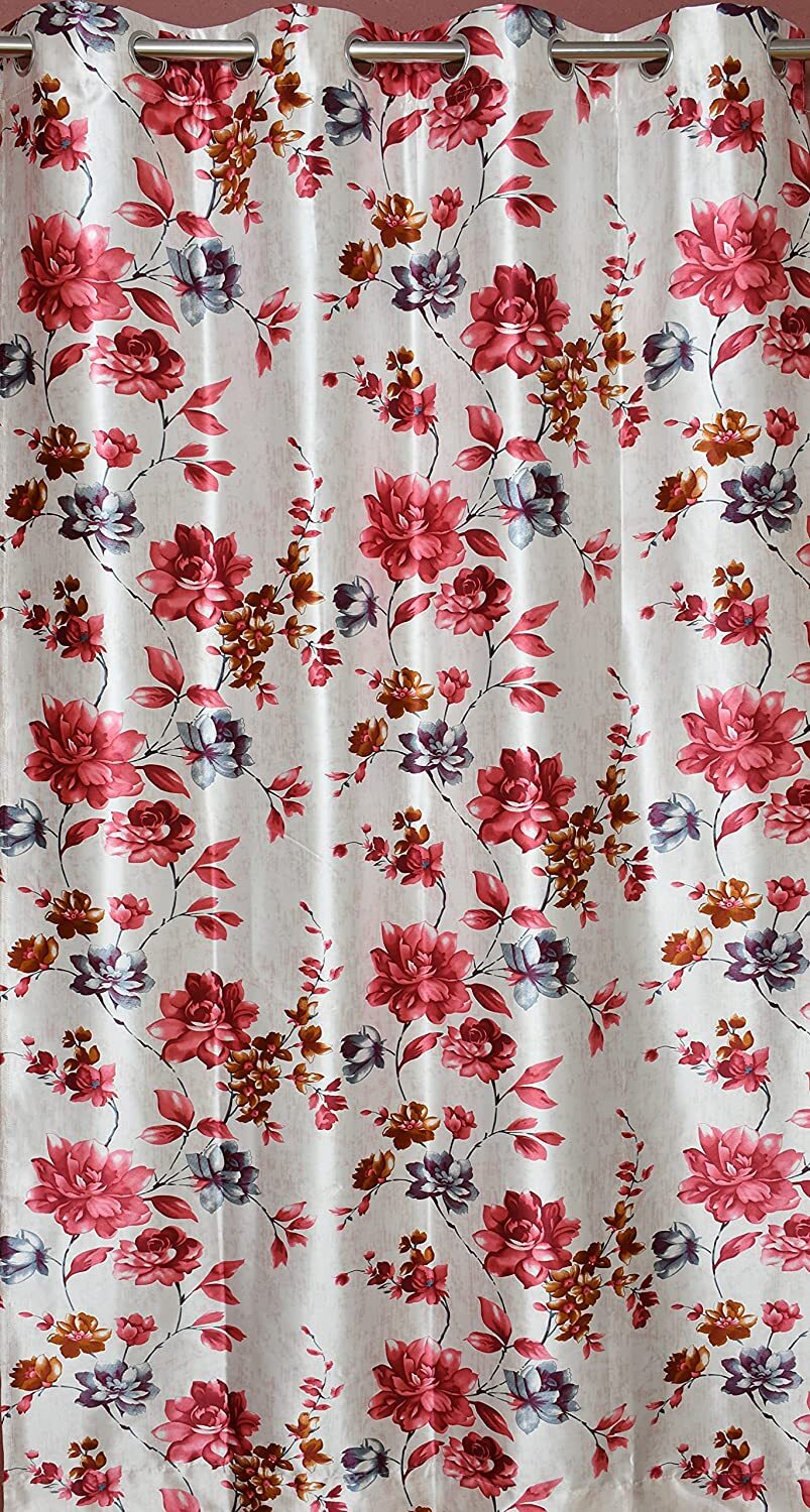Beautiful Flower Printed Polyster Curtain 9 feet Long Door, Maroon 2 pc Curtains