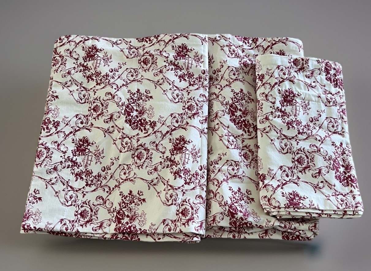Custom Red French Country Toile Lined Weighted Drape Curtain Panels Valance 3pc